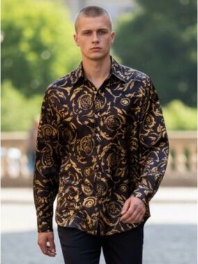 Vagary Men’s Metallic Gold Baroque Button Down Shirt Silk Look Size S Vintage